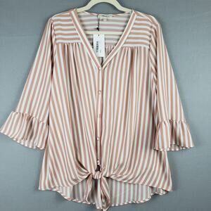 Andree By Unit Size S Ruffle Sleeve‎ Tie Up Button Down Mauve Pink Stripe Beachy